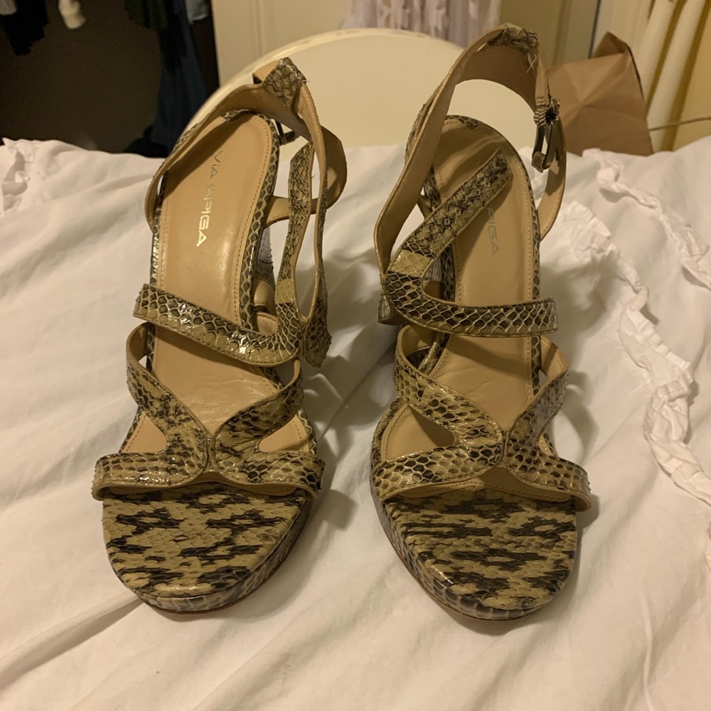 Via Spiga Ankle Strap Snakeskin Python Wedge Heels